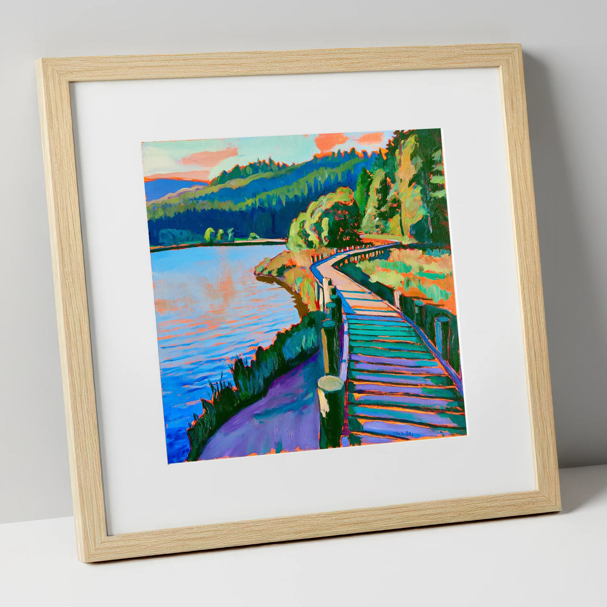 Vibrant Boardwalk at Tarn Hows lake district lake art print in natural frame