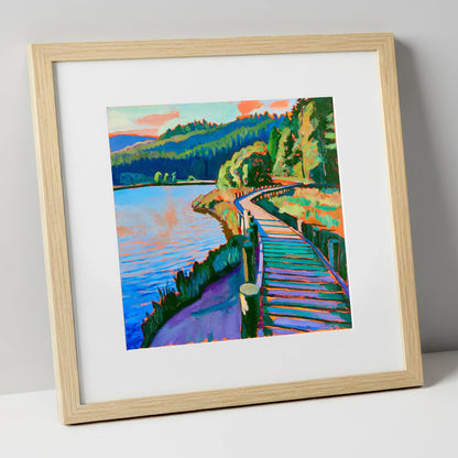 Vibrant Boardwalk at Tarn Hows lake district lake art print in natural frame