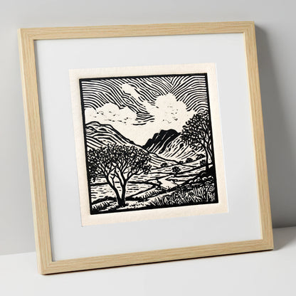 Black and White Eskdale Valley lake district valley art print in natural frame