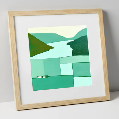 Abstract Loweswater In Mint Green lake district lake art print in natural frame