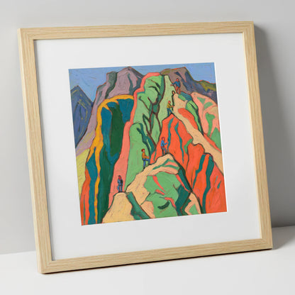 Climbers on a Vivid Crag lake district walking art print in natural frame