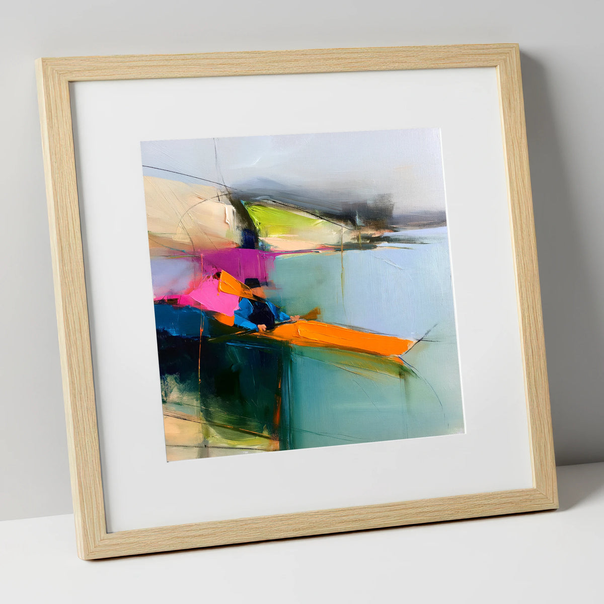 Vibrant Orange Kayak on the Lake lake district walking art print in natural frame