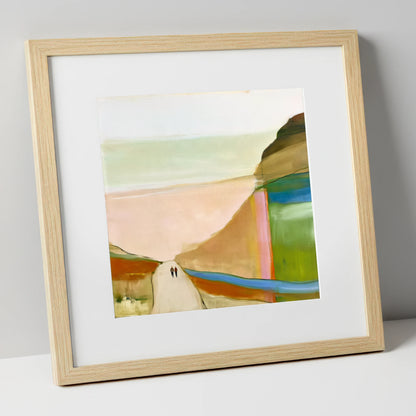 Walkers on a Bold Mountain Path lake district walking art print in natural frame