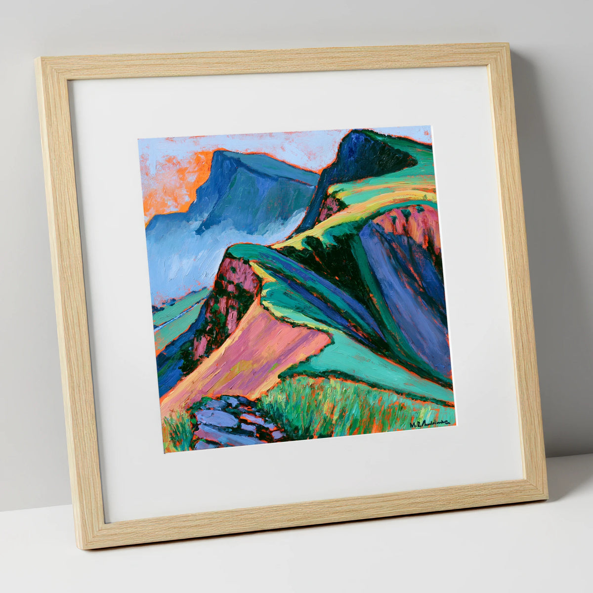 Vibrant Misty Mountain Ridge lake district fell art print in natural frame