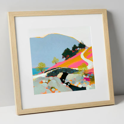 Bold Colours at Ashness Bridge lake district waterfall art print in natural frame