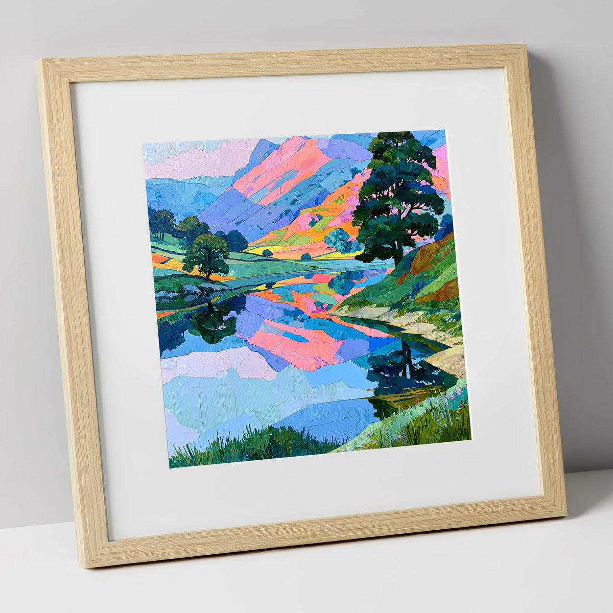Pastel Fells and Calm Lake Reflections lake district lake art print in natural frame