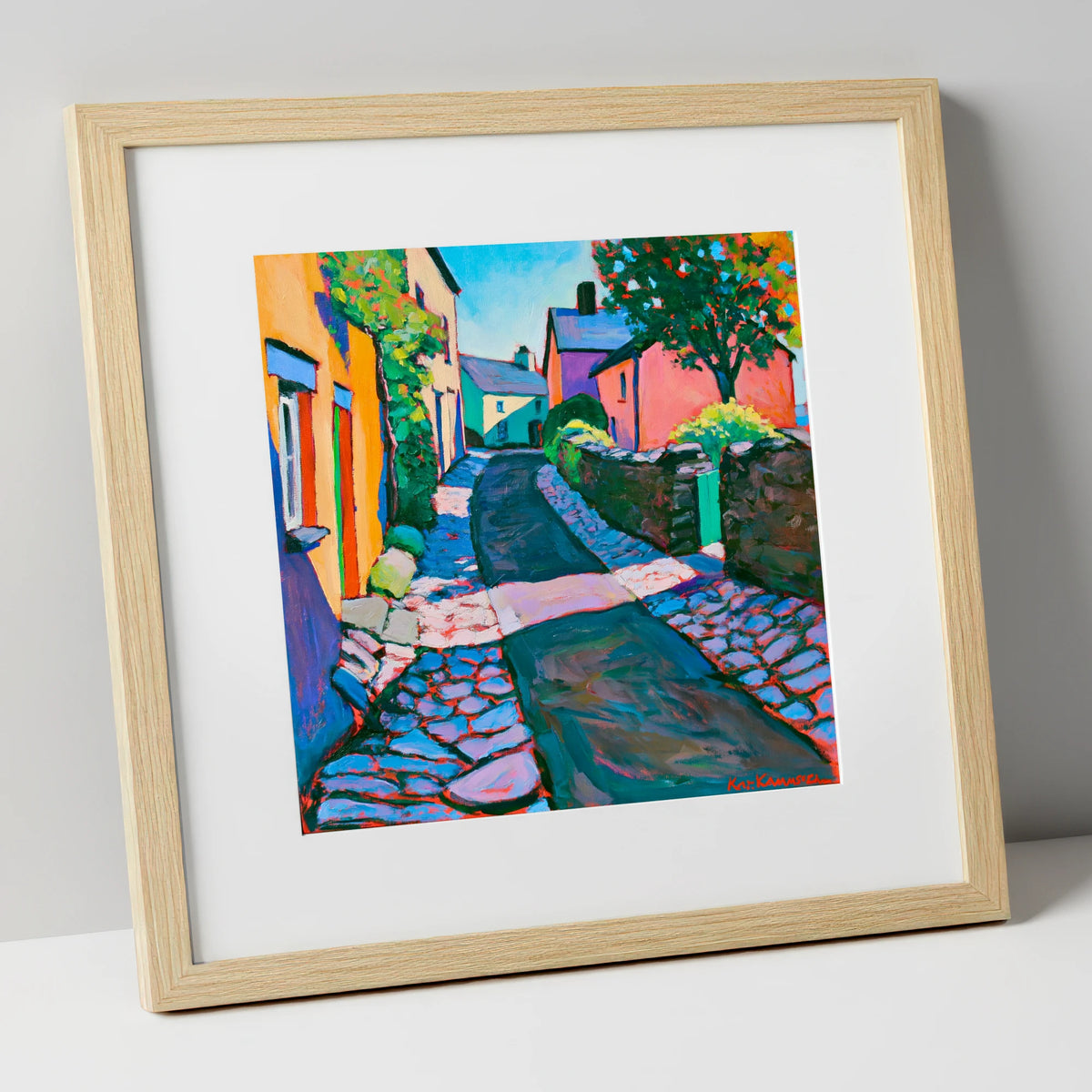Vibrant Cobbled Village Street lake district village art print in natural frame