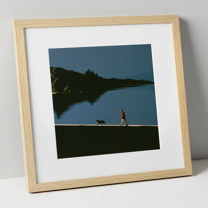 Coniston Water Dog Walk Silhouette gifts for dog walkers art print in natural frame
