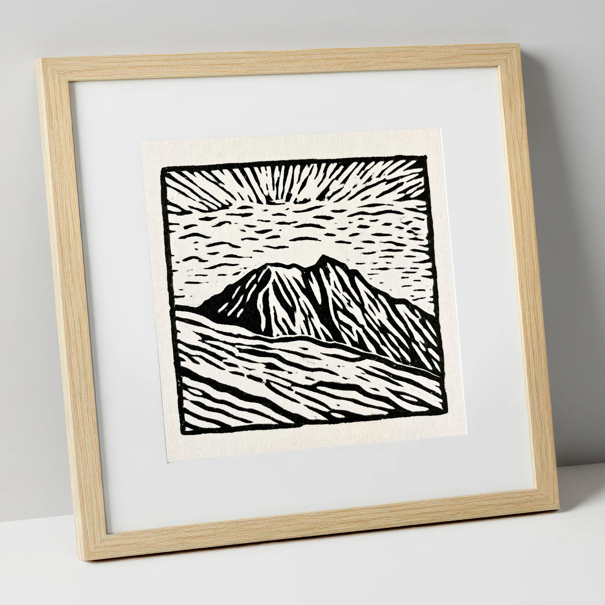 Monochromatic Helvellyn Sunburst lake district fell art print in natural frame