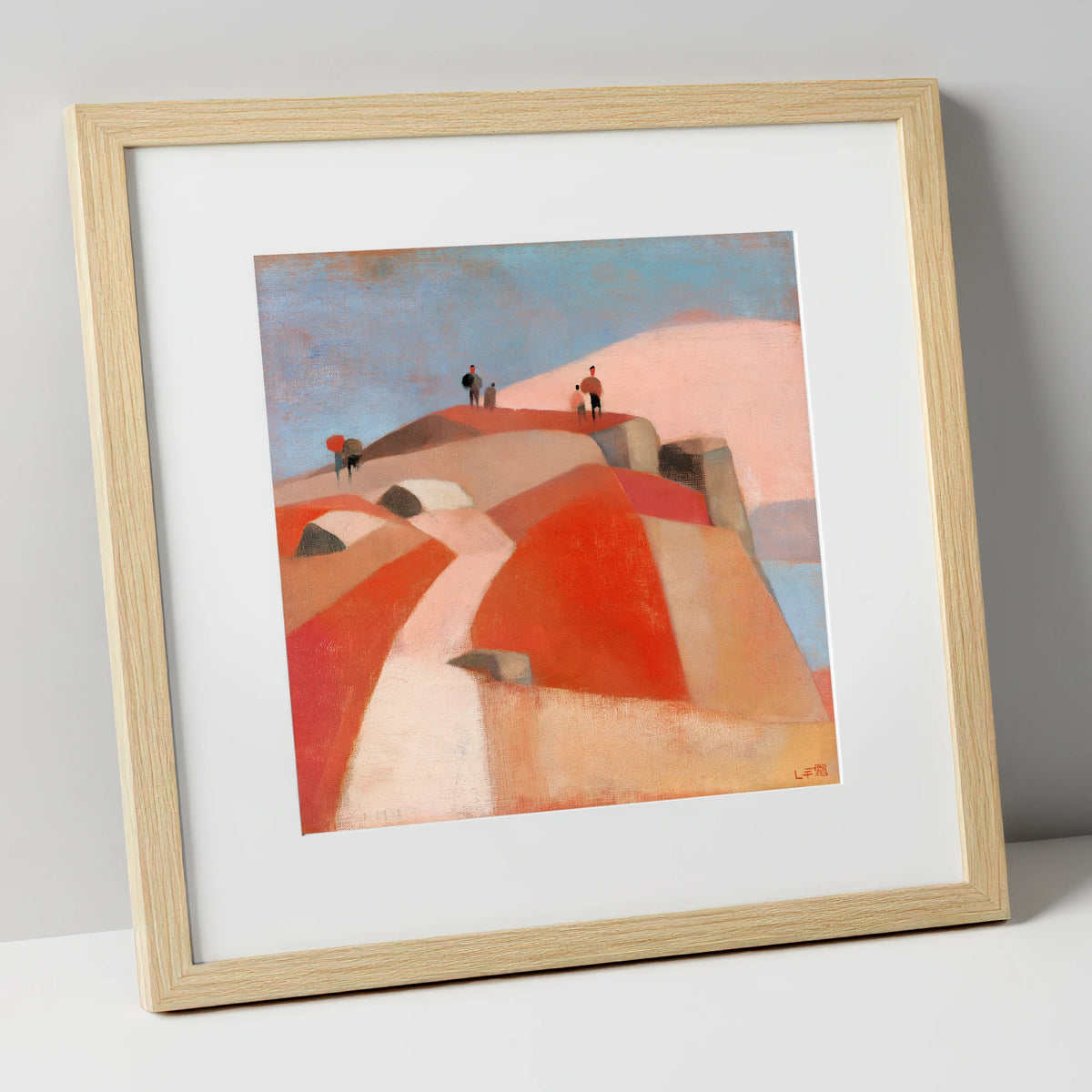 Fell Walkers on a Terracotta Summit lake district fell art print in natural frame