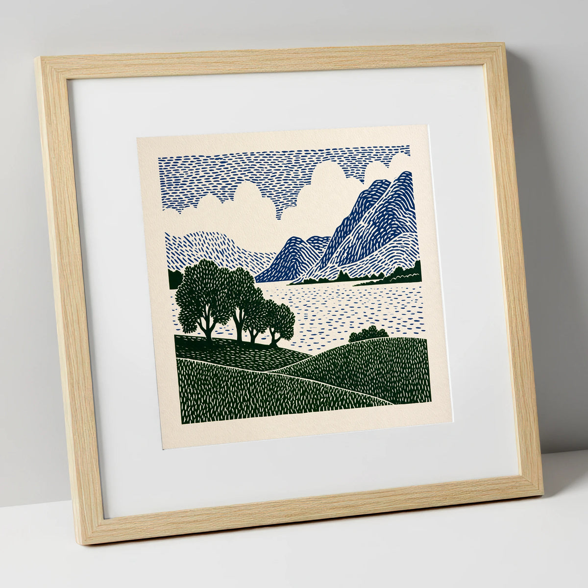Crummock Water in Navy and Green lake district lake art print in natural frame