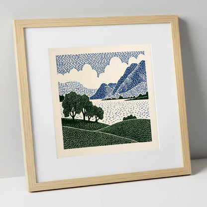 Crummock Water in Navy and Green lake district lake art print in natural frame