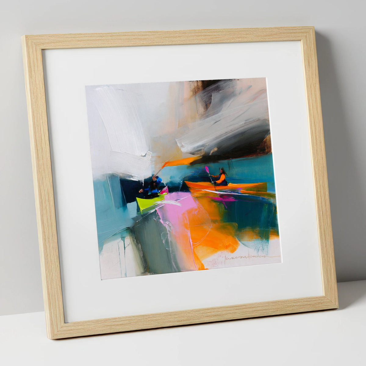 Vibrant Kayakers on a Lake lake district walking art print in natural frame