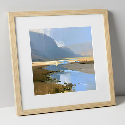 River Through Sunlit Valley lake district waterfall art print in natural frame