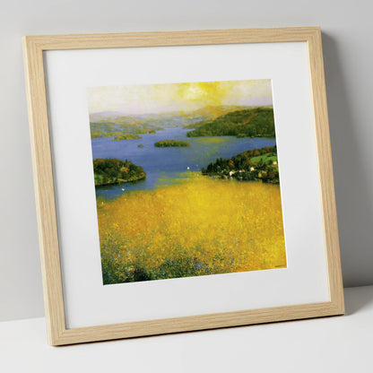 Golden Light Over Bowness Bay lake district village art print in natural frame