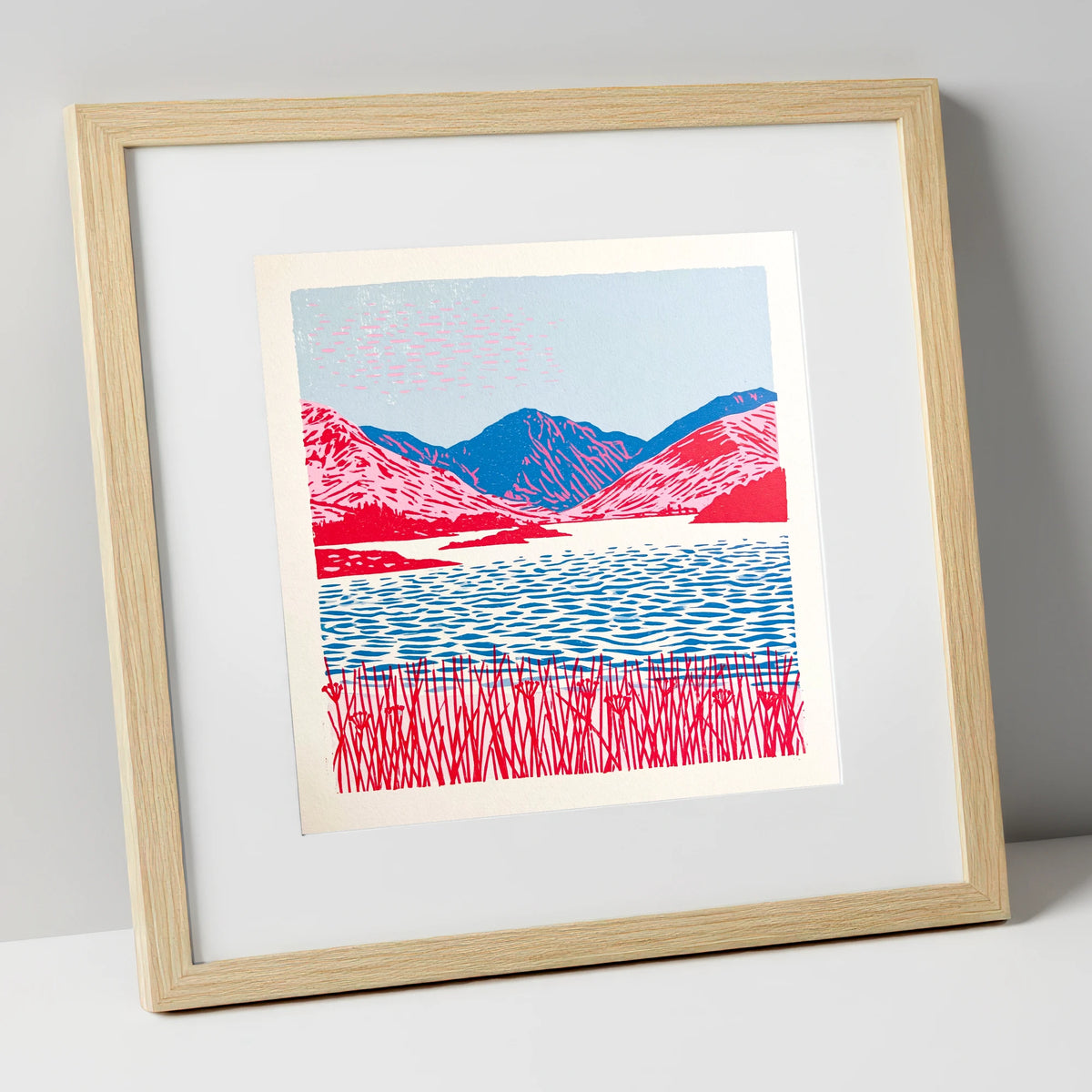 Vibrant Pink Fells and Lake lake district lake art print in natural frame