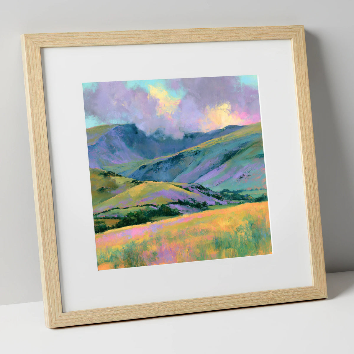 Lavender and Gold Rolling Fells lake district fell art print in natural frame