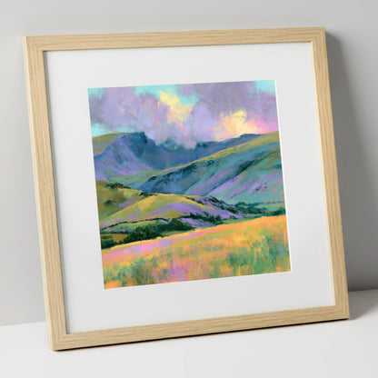 Lavender and Gold Rolling Fells lake district fell art print in natural frame