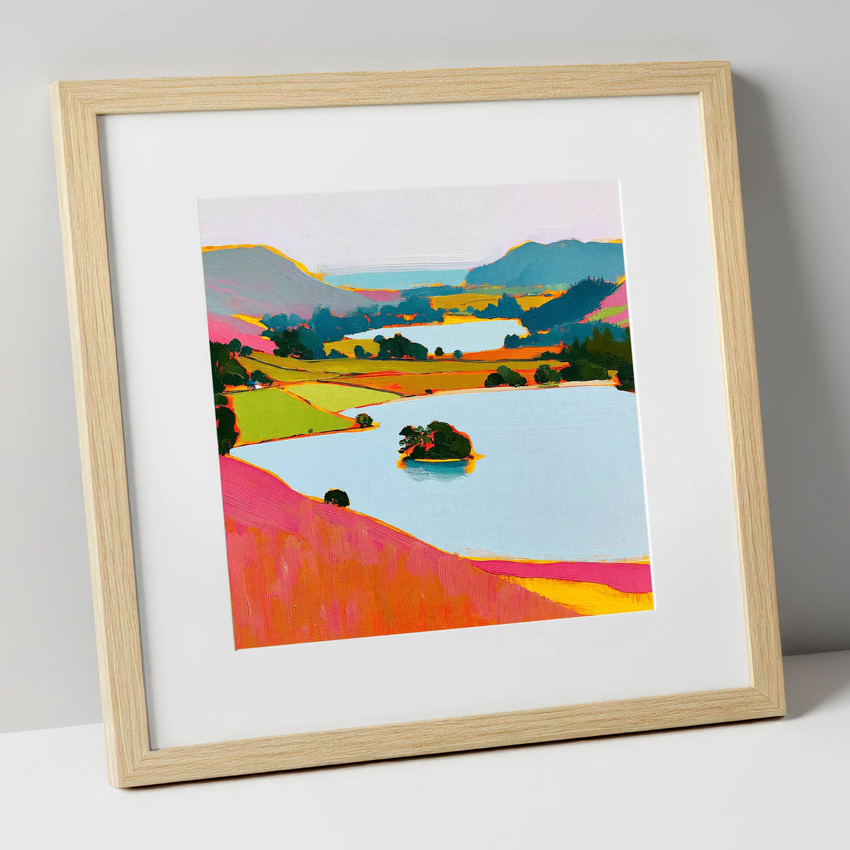 Vibrant Grasmere From the Fells lake district lake art print in natural frame