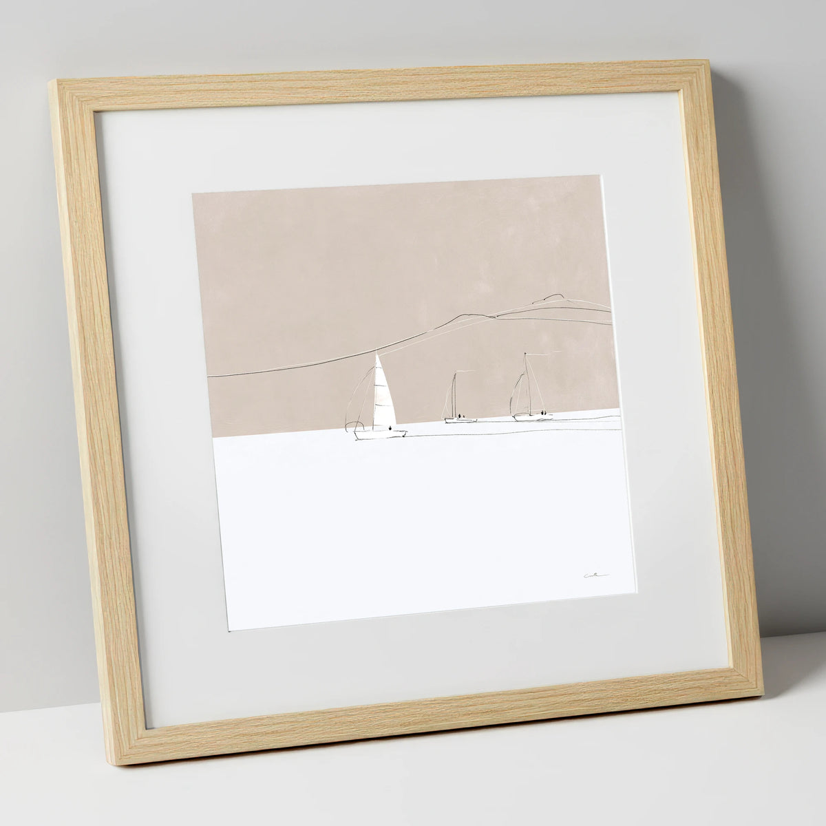 Minimalist Sailboats and Distant Fells lake district walking art print in natural frame