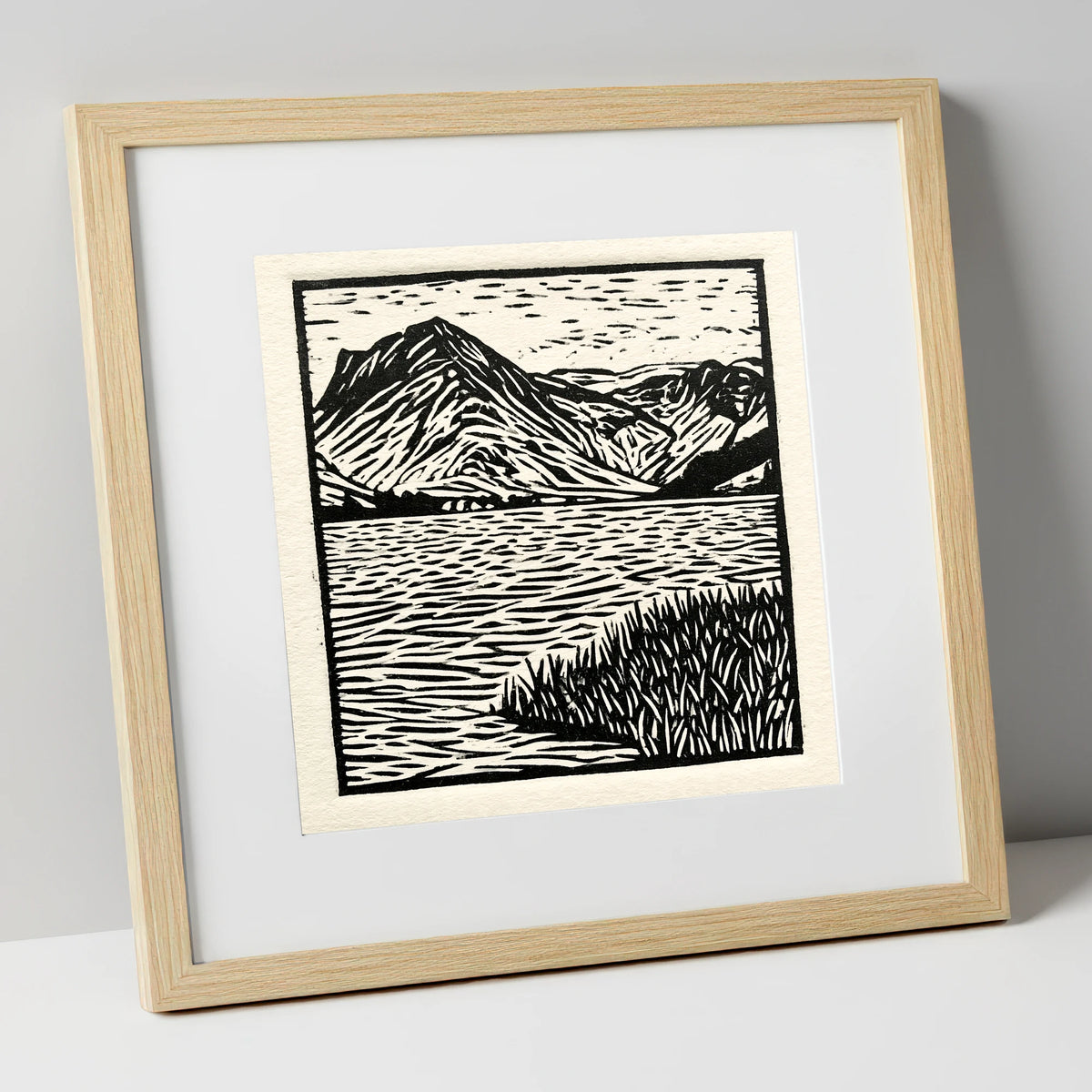 Monochrome Buttermere and Fells lake district lake art print in natural frame