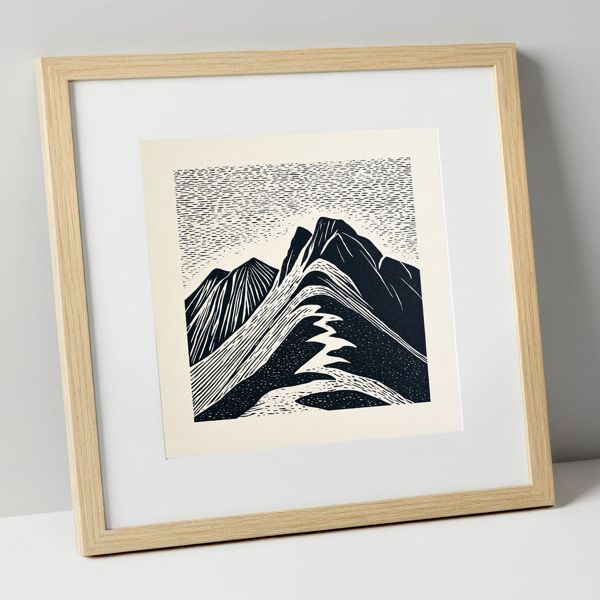Bowfell Summit in Monochrome lake district fell art print in natural frame