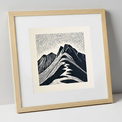 Bowfell Summit in Monochrome lake district fell art print in natural frame