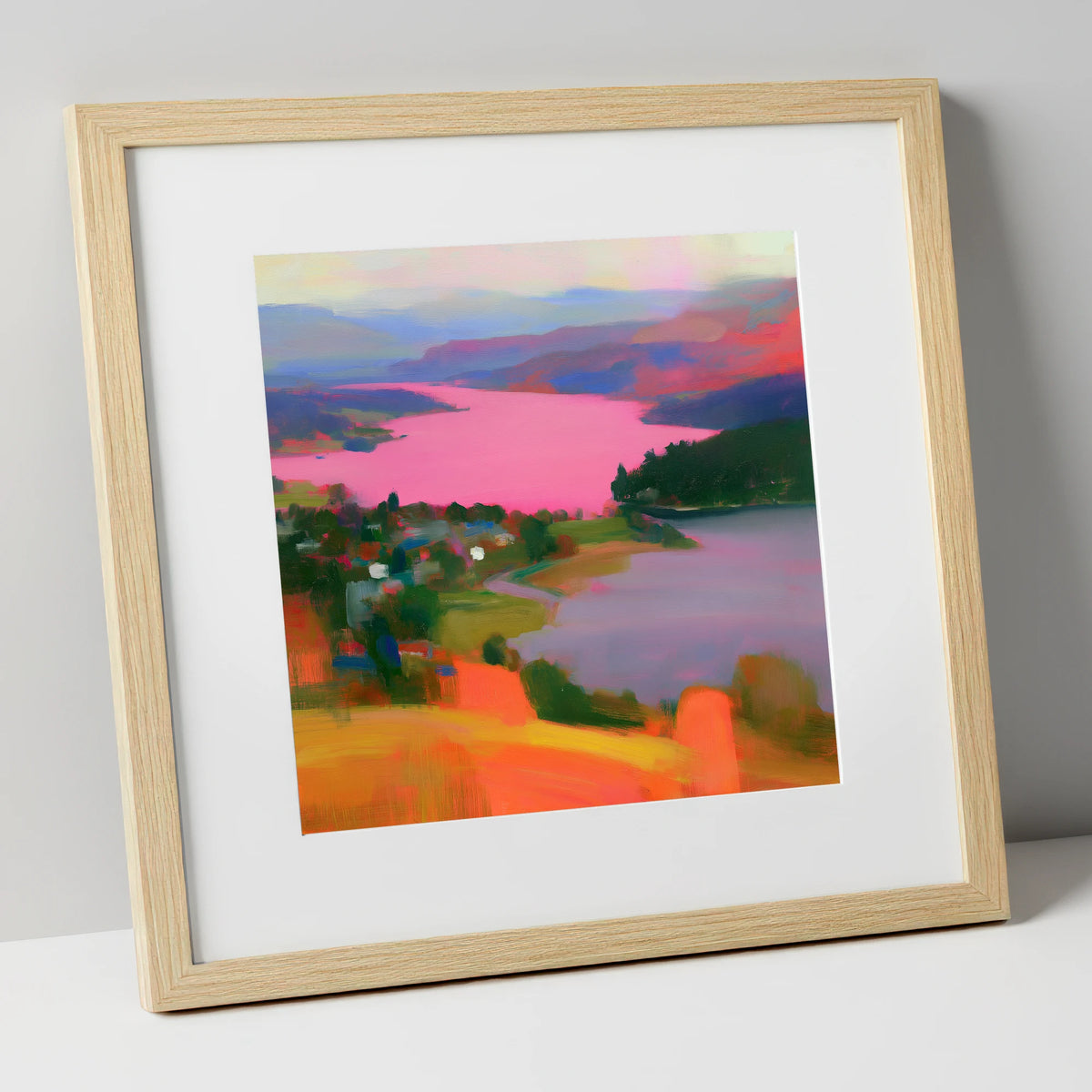 Ambleside Over Pink Waters lake district village art print in natural frame