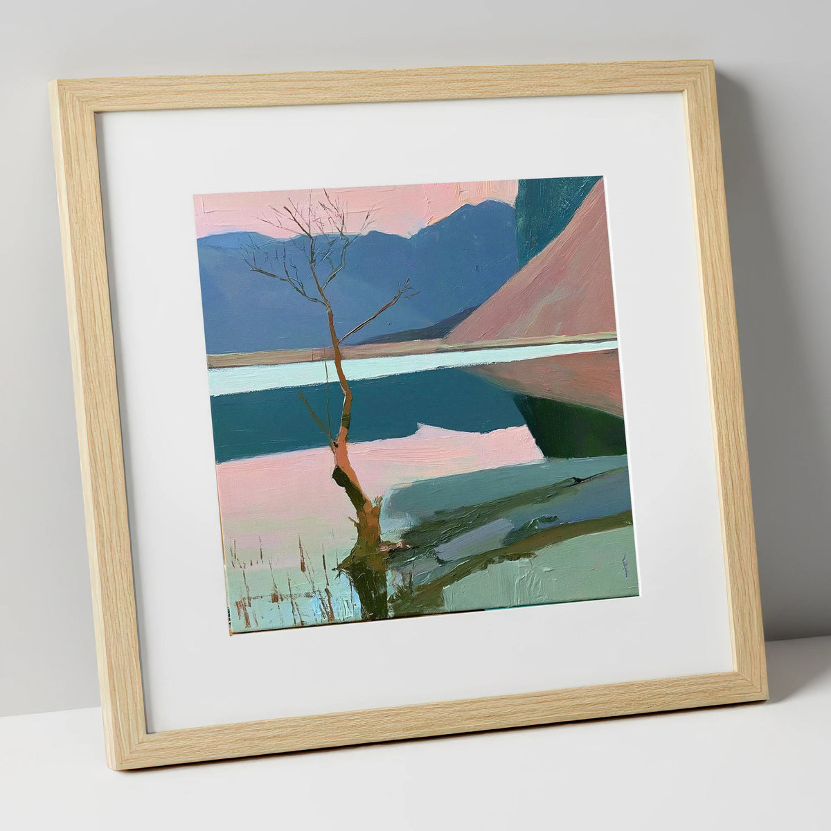 Buttermere Lone Tree in Pink lake district lake art print in natural frame