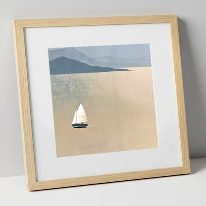 White Sail Across the Ochre Lake lake district walking art print in natural frame