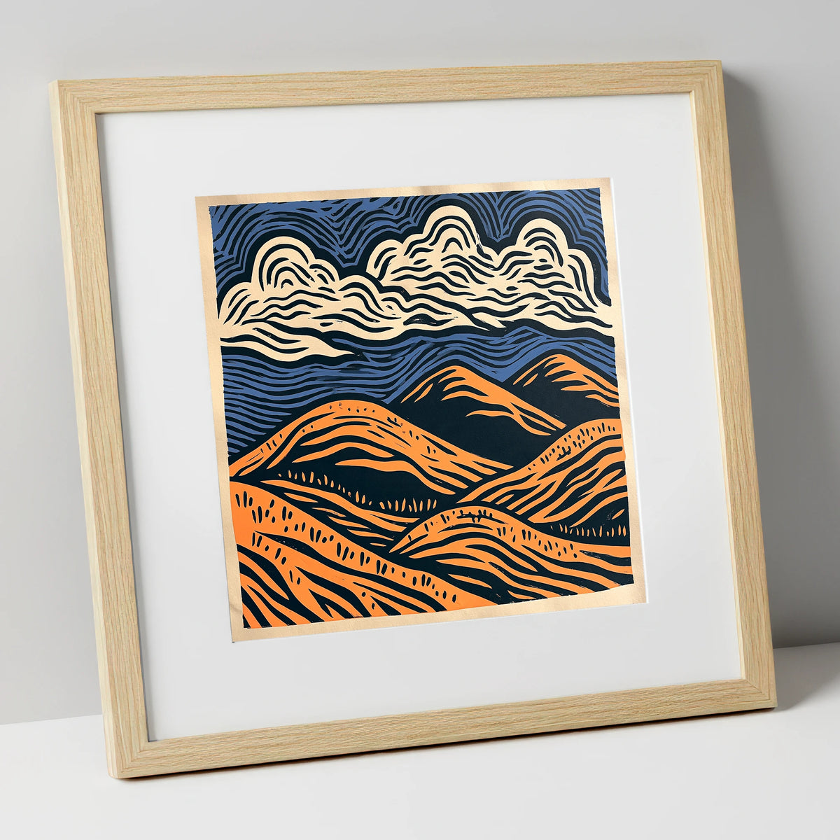 Navy and Orange Rolling Fells lake district fell art print in natural frame