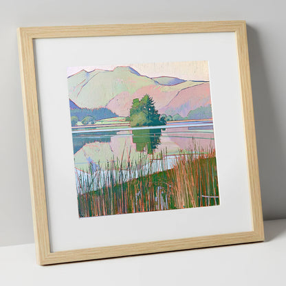 Grasmere Island Through Tall Reeds lake district lake art print in natural frame