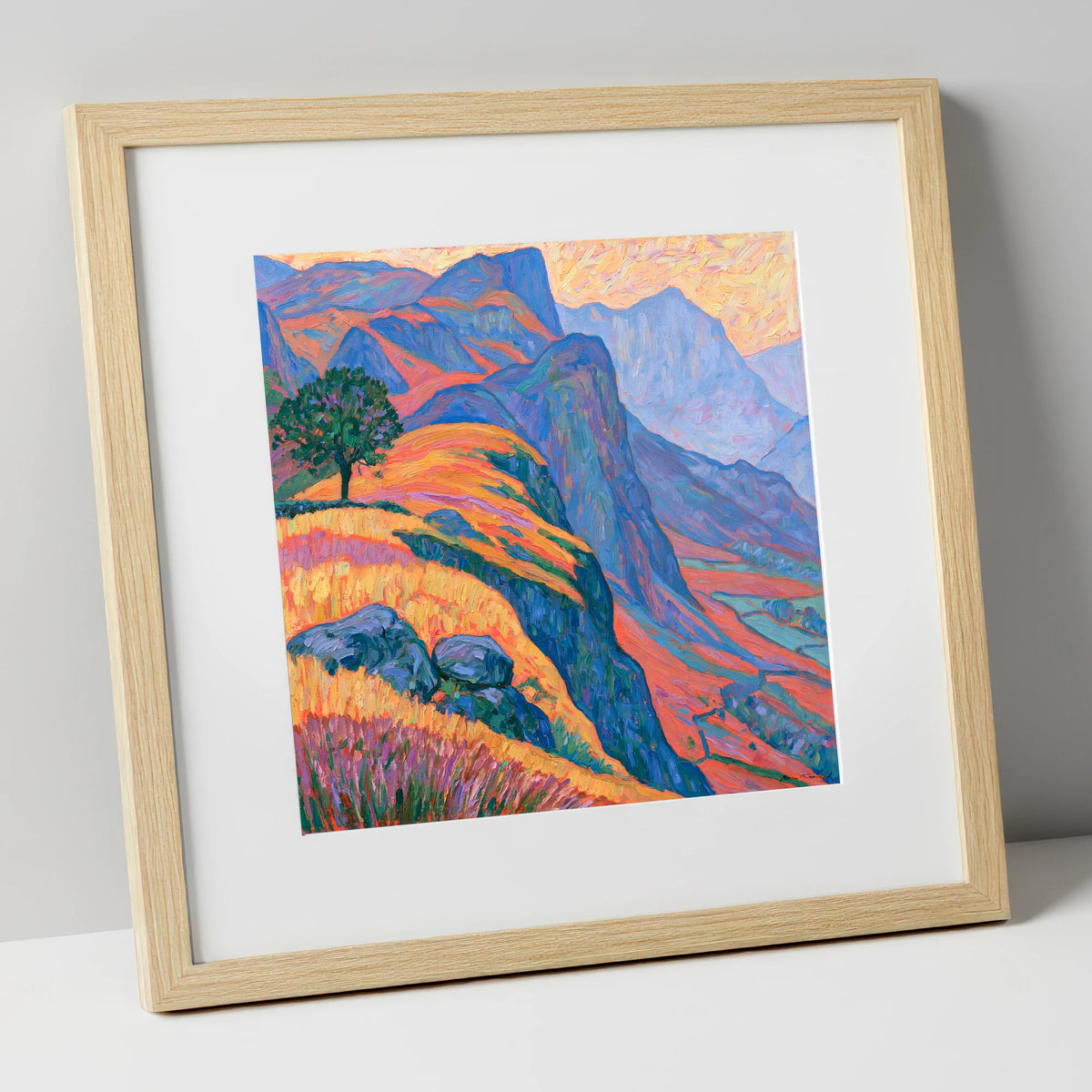 Lone Tree on Misty Mountain Ridge lake district fell art print in natural frame