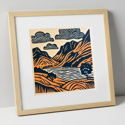 Buttermere Valley in Navy and Terracotta lake district lake art print in natural frame