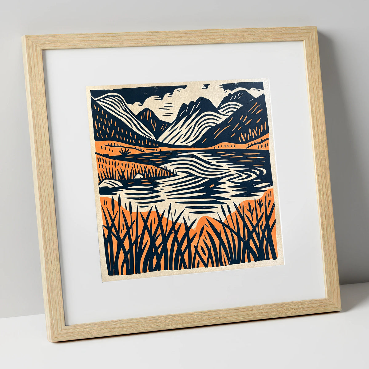 Terracotta Fells and Lake Reflections lake district lake art print in natural frame