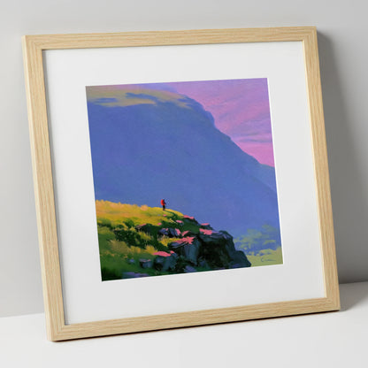 Fell Walker Under Lilac Sky lake district walking art print in natural frame
