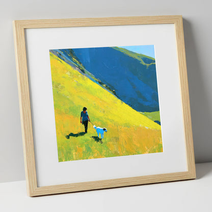 Sunlit Dog Walk on Helvellyn gifts for dog walkers art print in natural frame