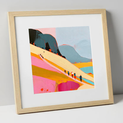 Vibrant Mountain Path Walkers lake district walking art print in natural frame