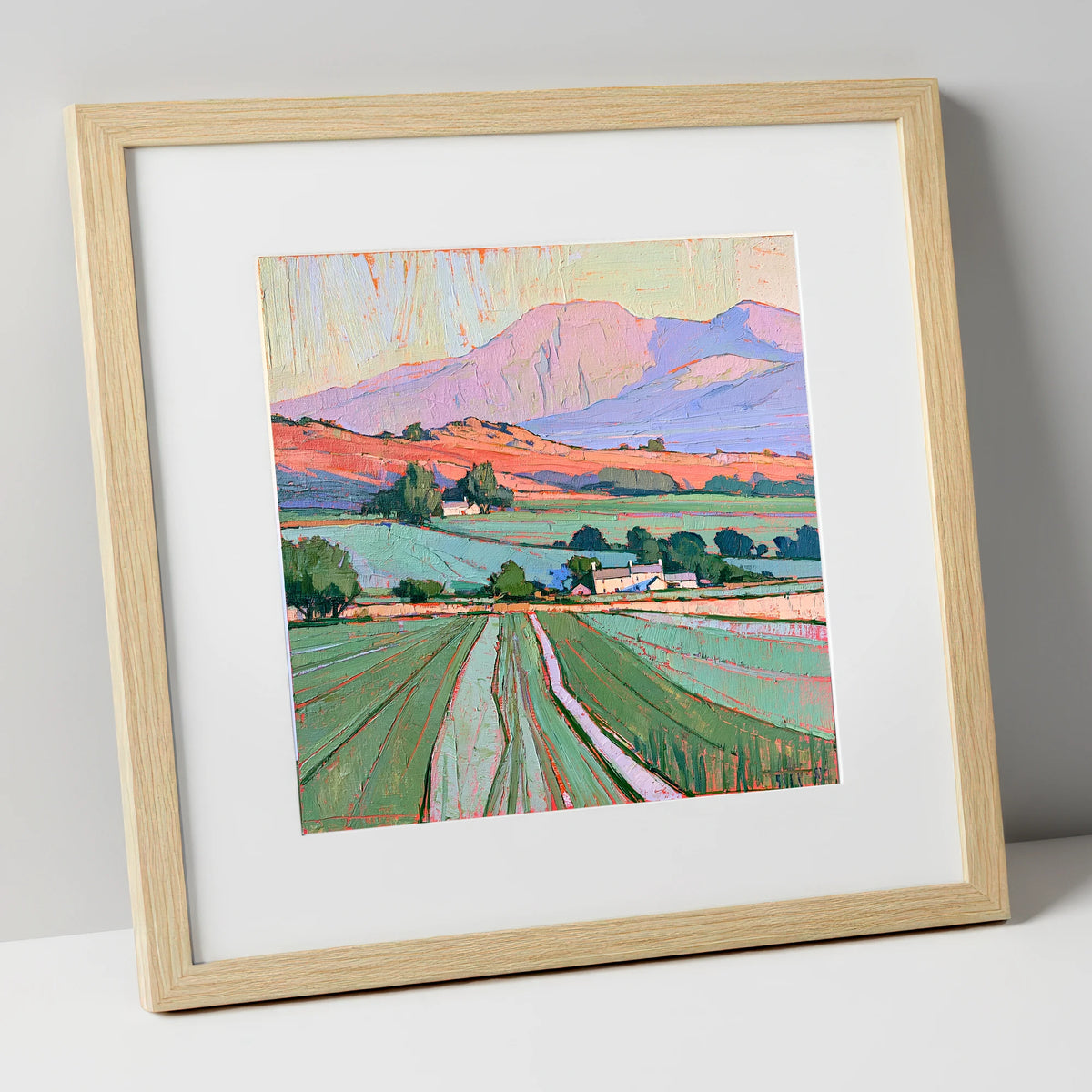 Golden Evening Fells and Farmland lake district sky art print in natural frame