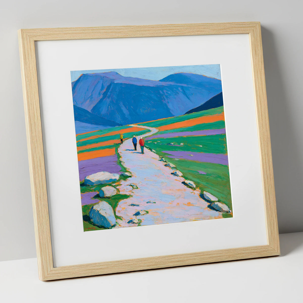 Hikers on a Vibrant Fell Path lake district fell art print in natural frame