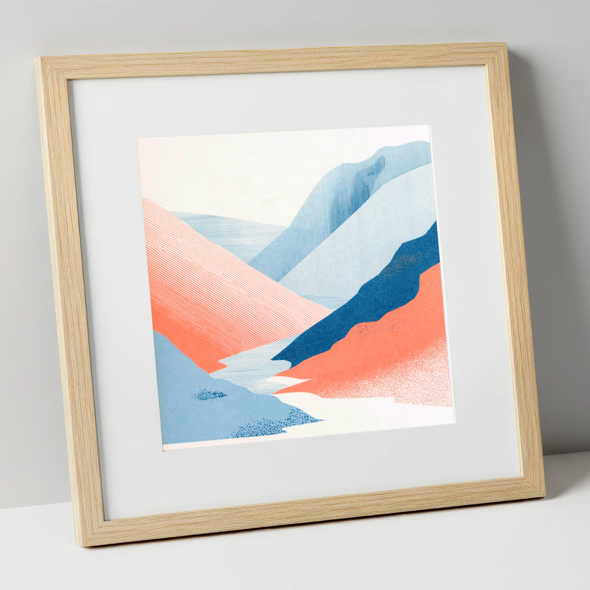 Kirkstone Pass in Blue and Coral lake district valley art print in natural frame