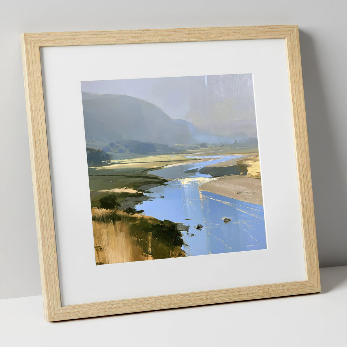 Winding River and Hazy Fells lake district waterfall art print in natural frame