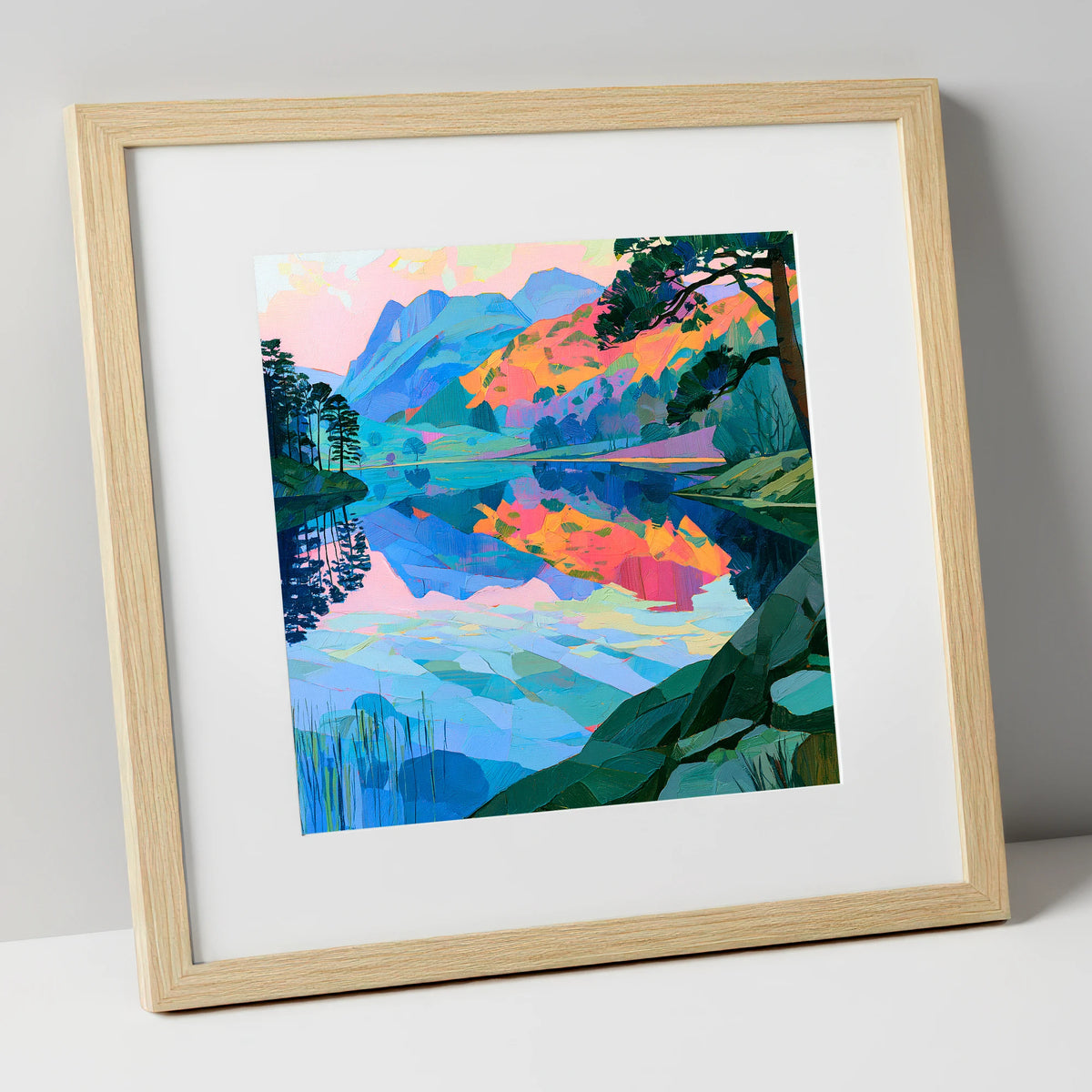 Vibrant Dawn Over Still Lake lake district lake art print in natural frame