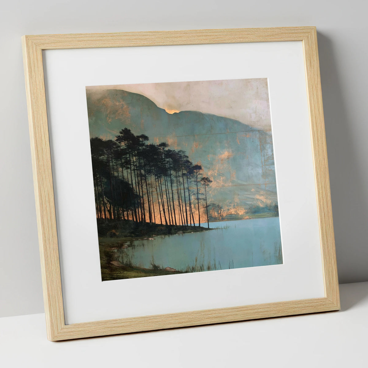 Buttermere Pines in Golden Light lake district lake art print in natural frame