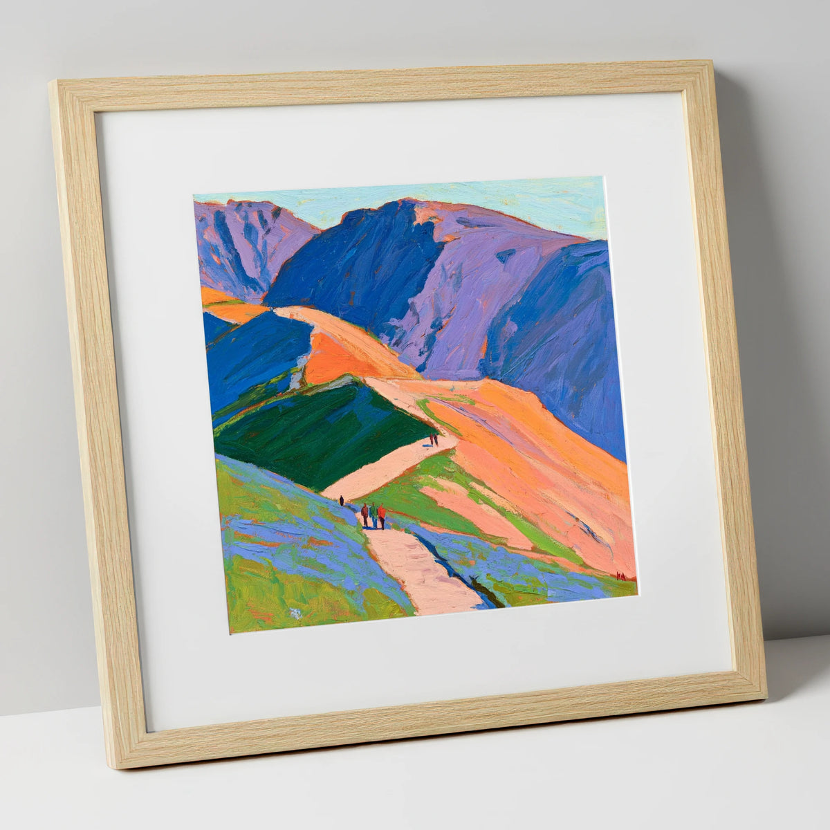 Walkers on Vibrant Mountain Path lake district walking art print in natural frame