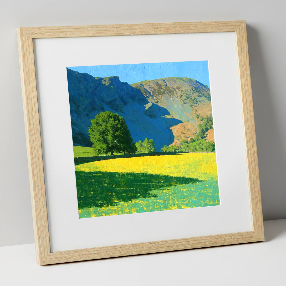 Sunlit Meadow Beneath Sheffield Pike lake district fell art print in natural frame