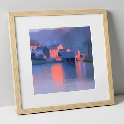 Lakeside Village in Pink Twilight lake district village art print in natural frame