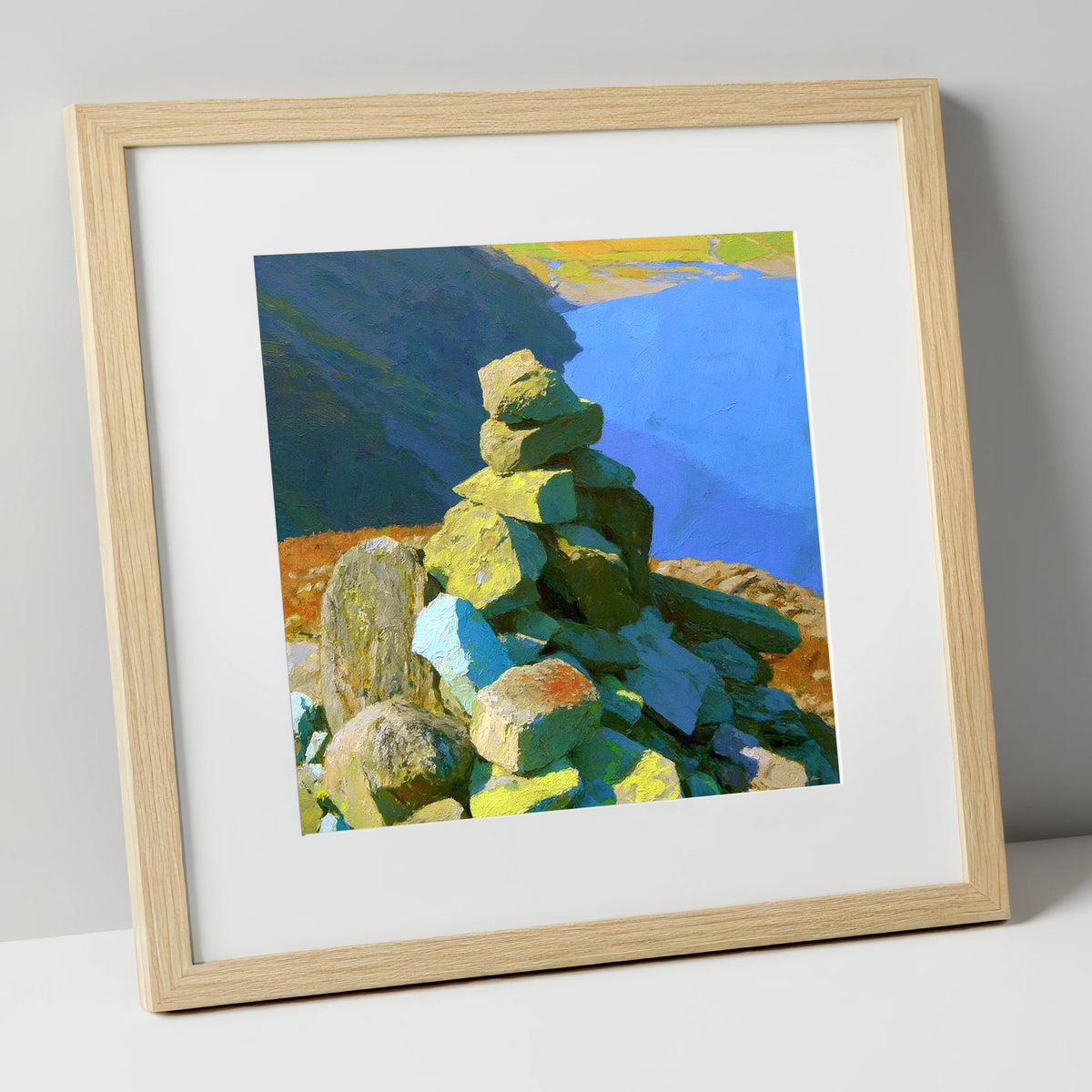 Sunlit Calf Crag Stone Cairn lake district fell art print in natural frame