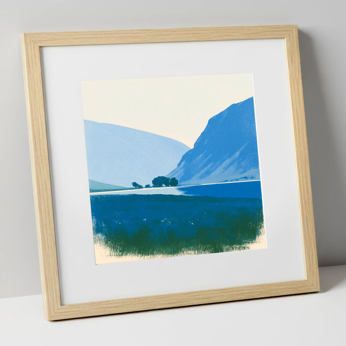 Blue Fells and Still Lake lake district lake art print in natural frame