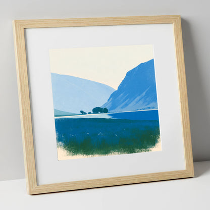 Blue Fells and Still Lake lake district lake art print in natural frame